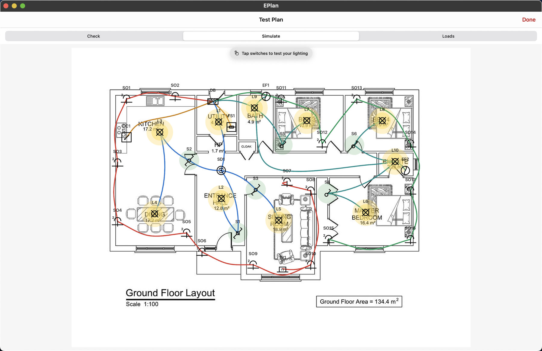 Test mode on a Mac: the lights of each room lit or dark as the switches are set